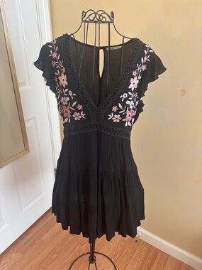 Francesca's Collections Black Mini Dress with Pink Floral Embroidery